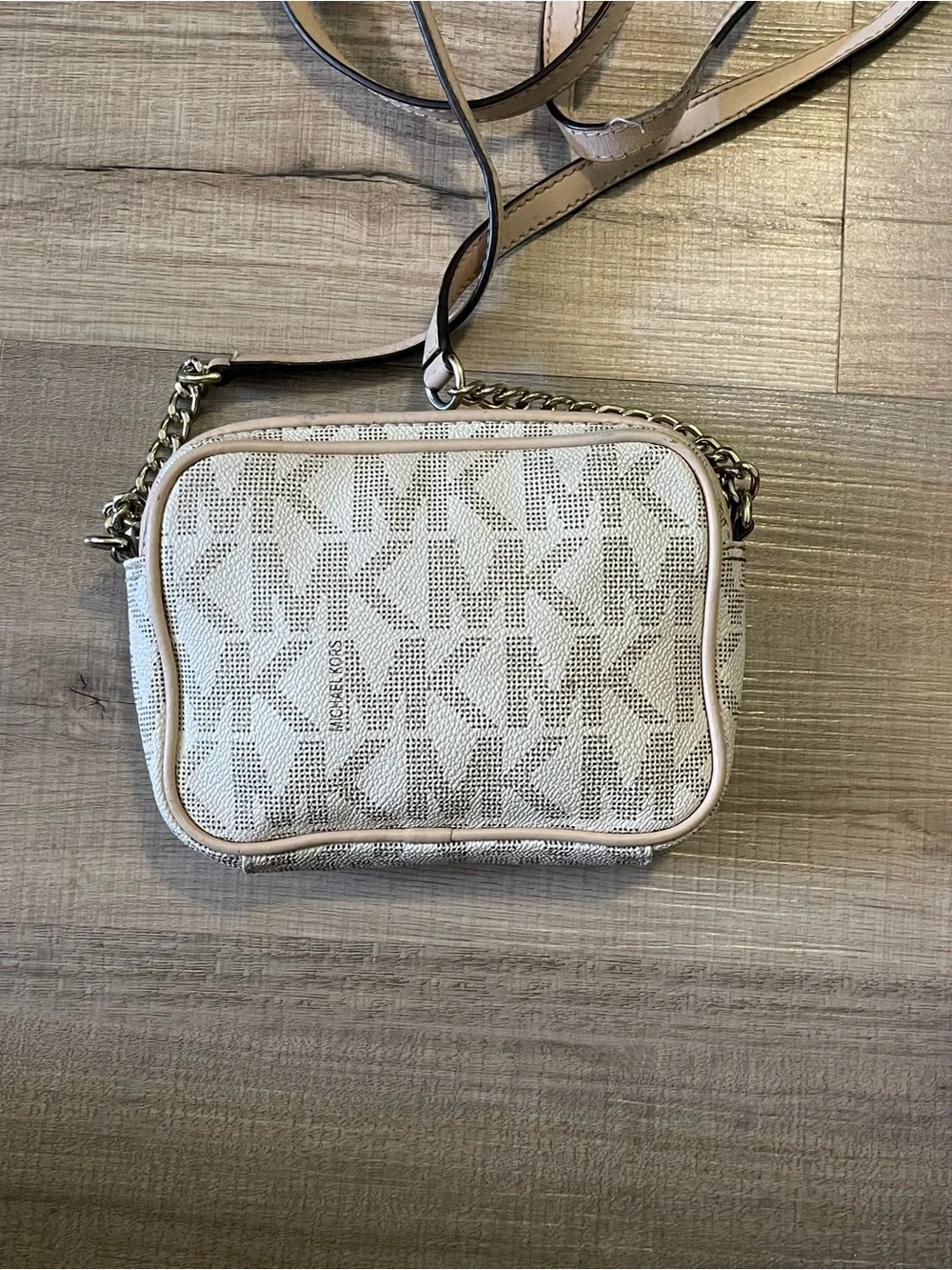 Michael Kors Cream Monogram Crossbody with Gold Hardware